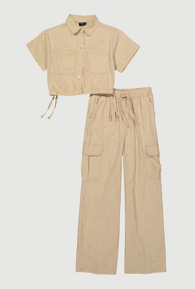 Girls Button Front Shirt and Cargo Pants, Beige,