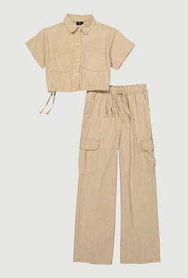Girls Button Front Shirt and Cargo Pants, Beige,
