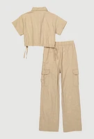 Girls Button Front Shirt and Cargo Pants, Beige,