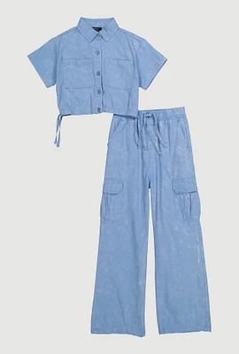 Girls Button Front Shirt and Cargo Pants, Blue, Size 7-8