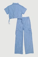 Girls Button Front Shirt and Cargo Pants, Blue, Size 7-8