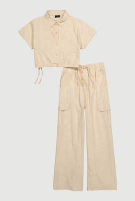Girls Button Front Shirt and Cargo Pants, Beige, Size 10-12