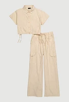 Girls Button Front Shirt and Cargo Pants, Beige, Size 10-12