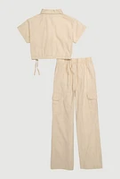 Girls Button Front Shirt and Cargo Pants, Beige, Size 10-12