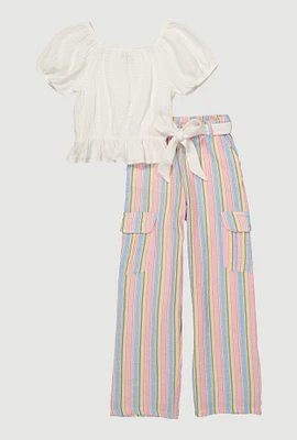Girls Peasant Puff Sleeve Top and Striped Pants, Multi, Size 10-12