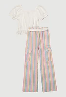 Girls Peasant Puff Sleeve Top and Striped Pants, Multi, Size 10-12
