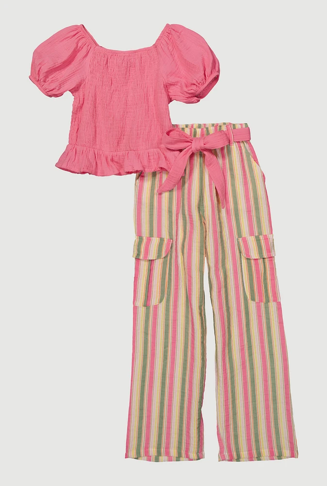 Girls Peasant Puff Sleeve Top and Striped Pants, Pink, Size 10-12