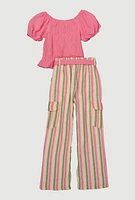 Girls Peasant Puff Sleeve Top and Striped Pants, Pink, Size 10-12