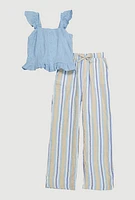 Girls Sleeveless Smocked Peplum Top and Palazzo Pants, Blue, Size 14-16