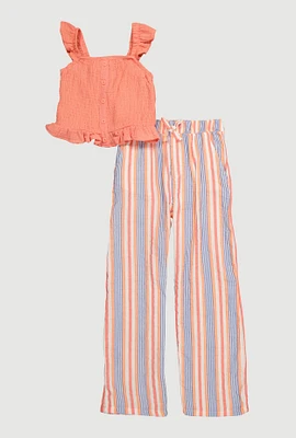 Girls Sleeveless Smocked Peplum Top and Palazzo Pants, Orange, Size 10-12