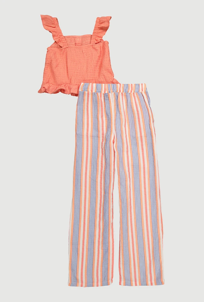 Girls Sleeveless Smocked Peplum Top and Palazzo Pants, Orange, Size 10-12