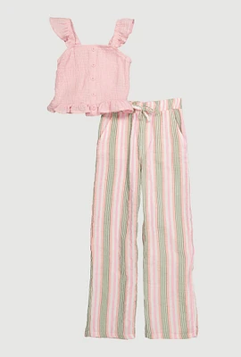 Girls Sleeveless Smocked Peplum Top and Palazzo Pants, Pink, Size 7-8