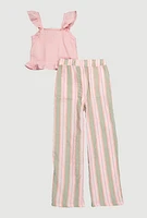 Girls Sleeveless Smocked Peplum Top and Palazzo Pants, Pink, Size 7-8