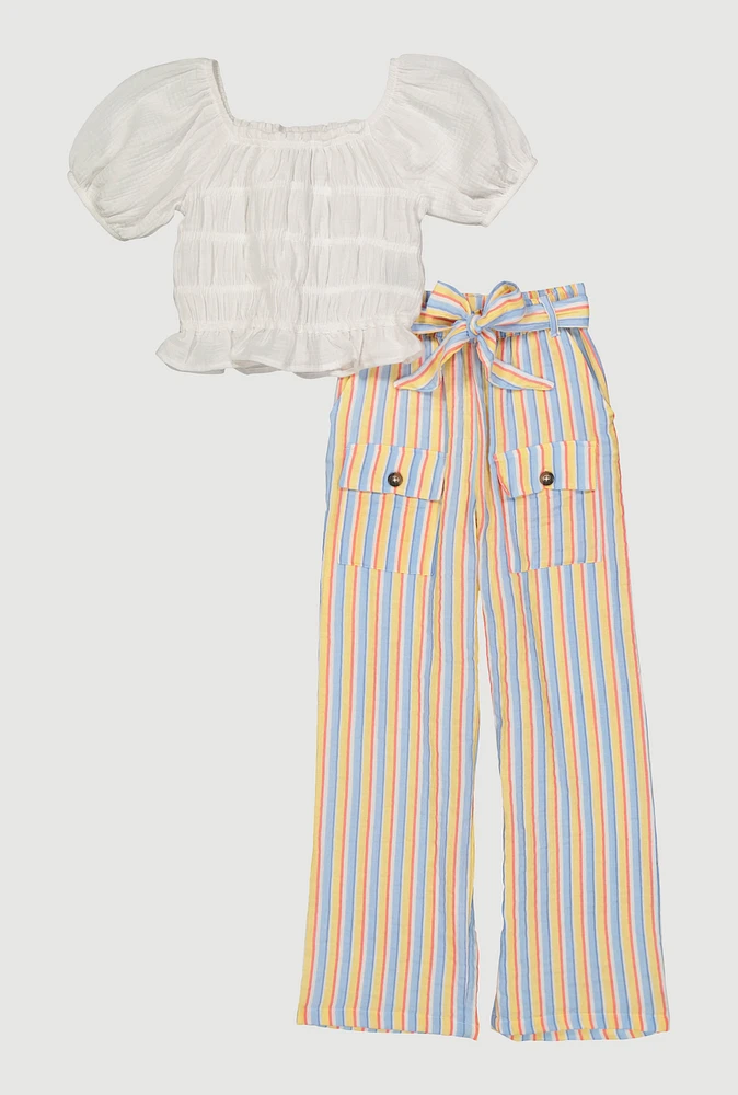 Girls Puff Sleeve Peasant Top and Striped Pants, Multi, Size 14-16