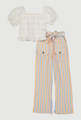 Girls Puff Sleeve Peasant Top and Striped Pants, Multi, Size 14-16