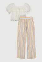 Girls Puff Sleeve Peasant Top and Striped Pants, Multi, Size 14-16