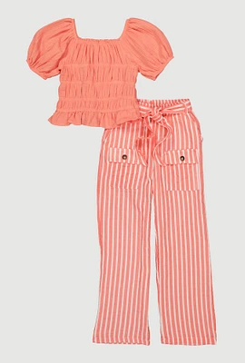 Girls Puff Sleeve Peasant Top and Striped Pants, Orange, Size 10-12