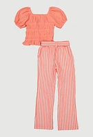 Girls Puff Sleeve Peasant Top and Striped Pants, Orange, Size 10-12