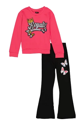 Girls Butterfly Royalty Sweatshirt and Flared Pants, Pink, Size 10-12