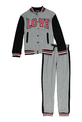 Girls Love Graphic Color Block Varsity Jacket and Joggers,