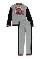 Girls Love Graphic Color Block Varsity Jacket and Joggers, Grey,