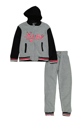 Girls Love Color Blocked Zip Front Hoodie and Joggers, Grey, Size 7-8