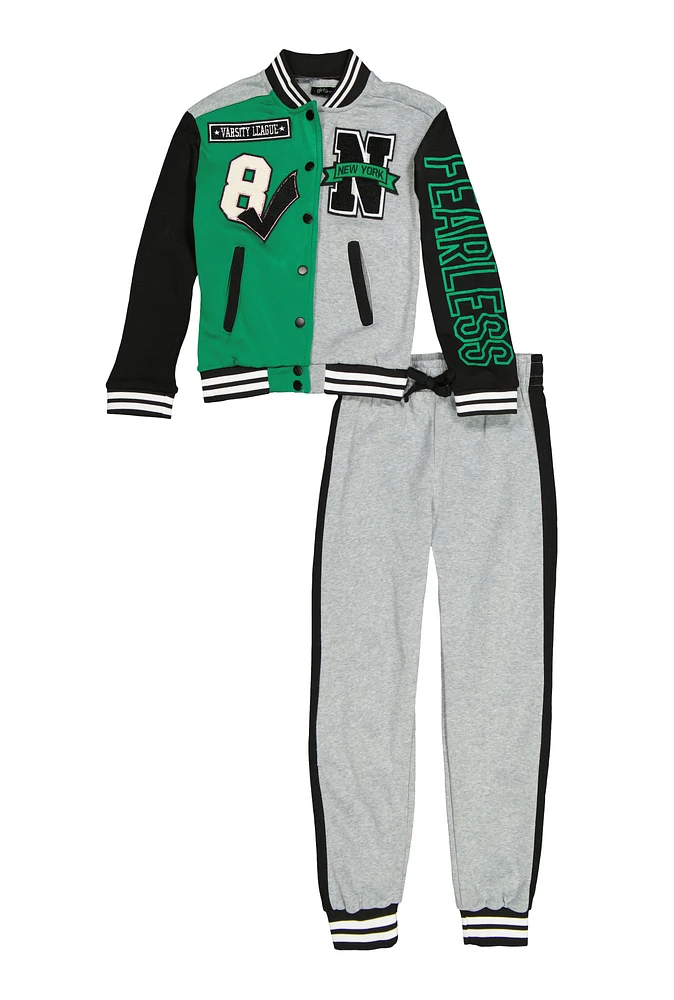 Girls Chenille Patch Varsity Jacket and Joggers,