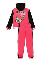 Girls Blessed Butterfly Hooded Varsity Jacket and Joggers, Pink, Size 10-12