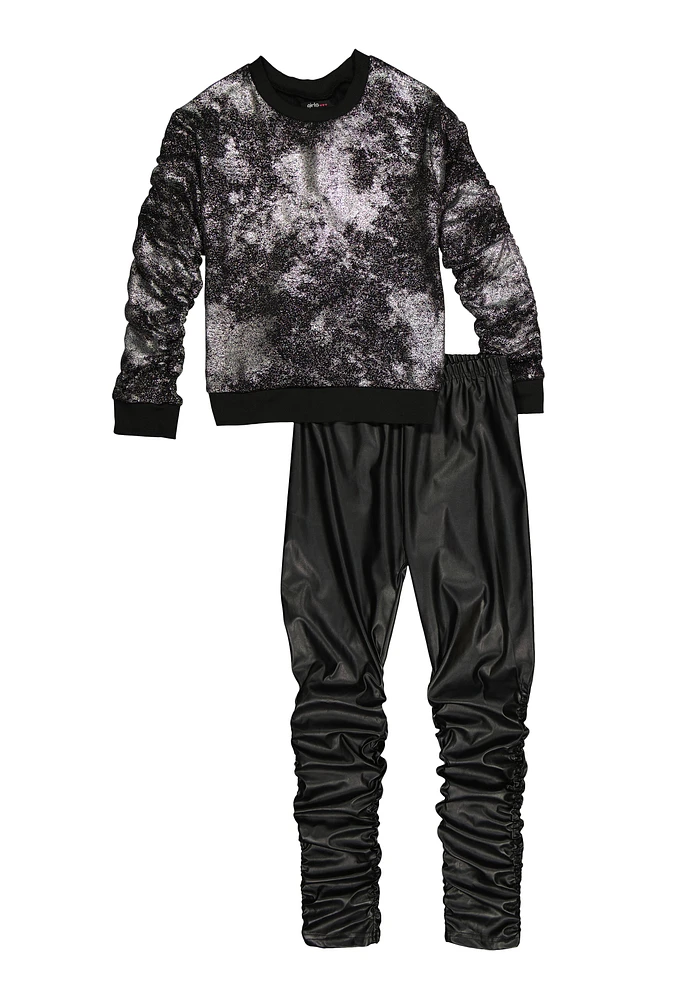 Girls Foil Screen Sweatshirt and Stacked Leggings, Black, Size 7-8