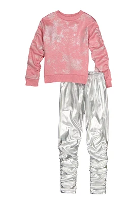 Girls Foil Screen Sweatshirt and Stacked Leggings, Pink, Size 7-8