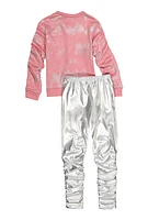 Girls Foil Screen Sweatshirt and Stacked Leggings, Pink, Size 14-16