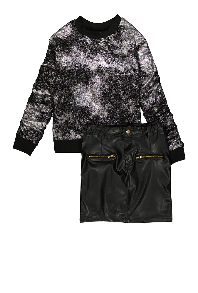 Girls Foil Screen Sweatshirt and Faux Leather Skirt, Black, Size 10-12