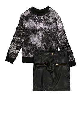 Girls Foil Screen Sweatshirt and Faux Leather Skirt, Black, Size 10-12