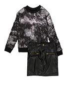 Girls Foil Screen Sweatshirt and Faux Leather Skirt, Black, Size 10-12