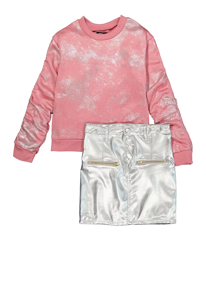 Girls Foil Screen Sweatshirt and Faux Leather Skirt, Pink, Size 7-8