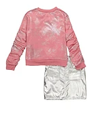 Girls Foil Screen Sweatshirt and Faux Leather Skirt, Pink, Size 7-8