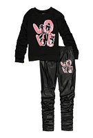 Girls Love Bear Graphic Sweatshirt and Stacked Leggings, Black, Size 14-16