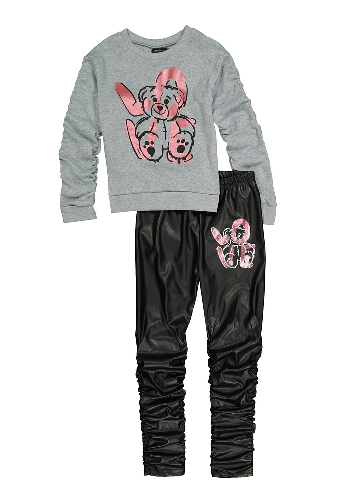 Girls Love Bear Graphic Sweatshirt and Stacked Leggings, Grey,