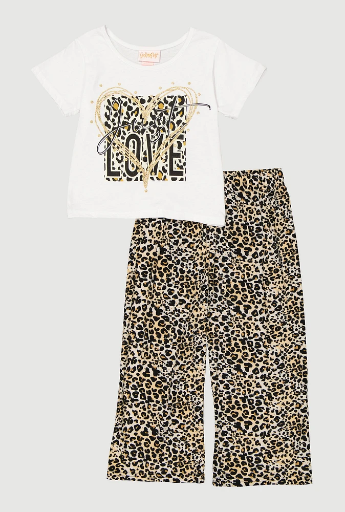 Girls Just Love Graphic Tee and Leopard Print Pants, Brown, Size 7-8
