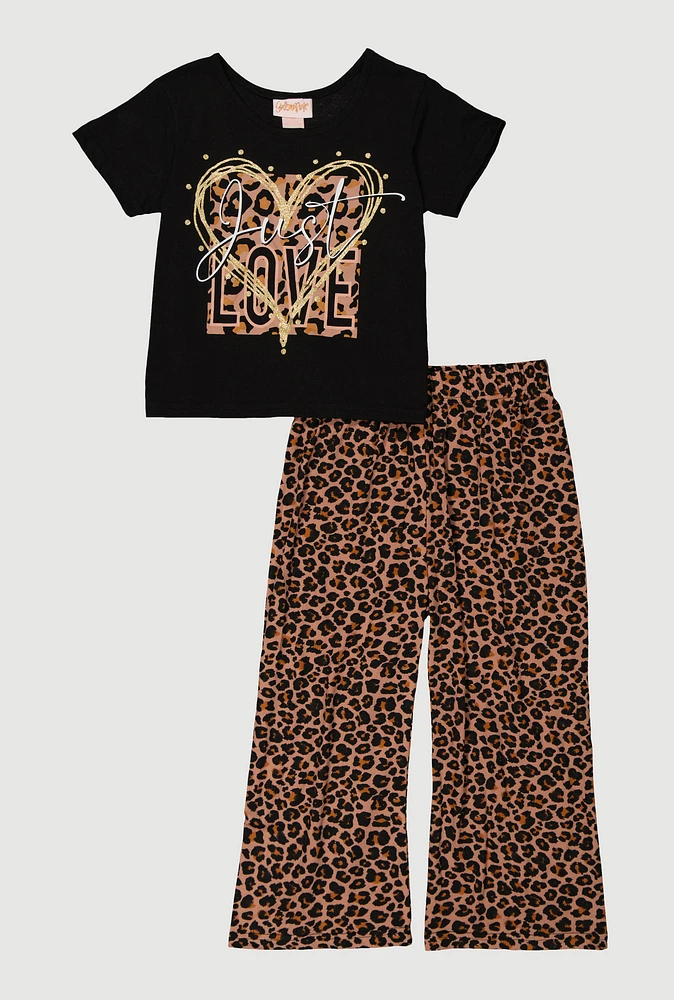 Girls Just Love Graphic Tee with Leopard Print Pants, Multi, Size 7-8