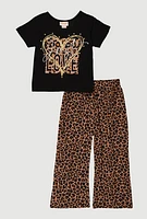 Girls Just Love Graphic Tee with Leopard Print Pants, Multi, Size 7-8