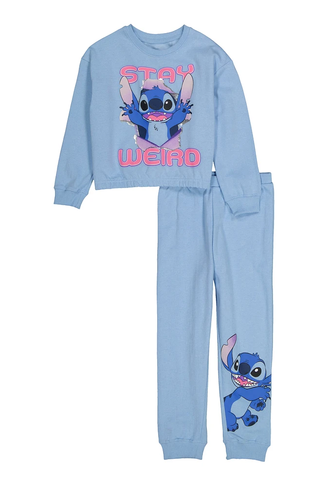 Girls Stay Weird Stitch Graphic Sweatshirt and Joggers, Blue, Size 10