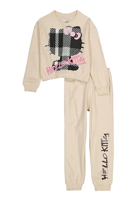 Girls Hello Kitty Graphic Sweatshirt and Joggers, Beige, Size 7