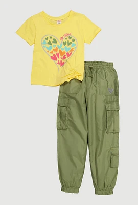 Girls Be Kind Heart Graphic Tee and Cargo Joggers, Multi, Size 10-12