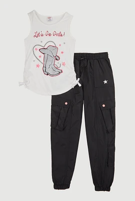 Girls Lets Go Graphic Tank Top and Cargo Joggers, Multi,