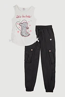 Girls Lets Go Graphic Tank Top and Cargo Joggers, Multi,
