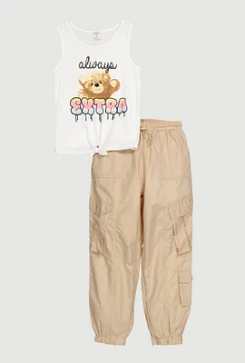 Girls Always Extra Graphic Tank Top and Cargo Joggers, Multi, Size 10-12