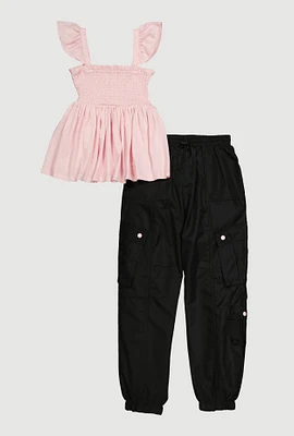 Girls Smocked Peasant Top and Cargo Joggers, Multi,