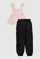 Girls Smocked Peasant Top and Cargo Joggers, Multi,
