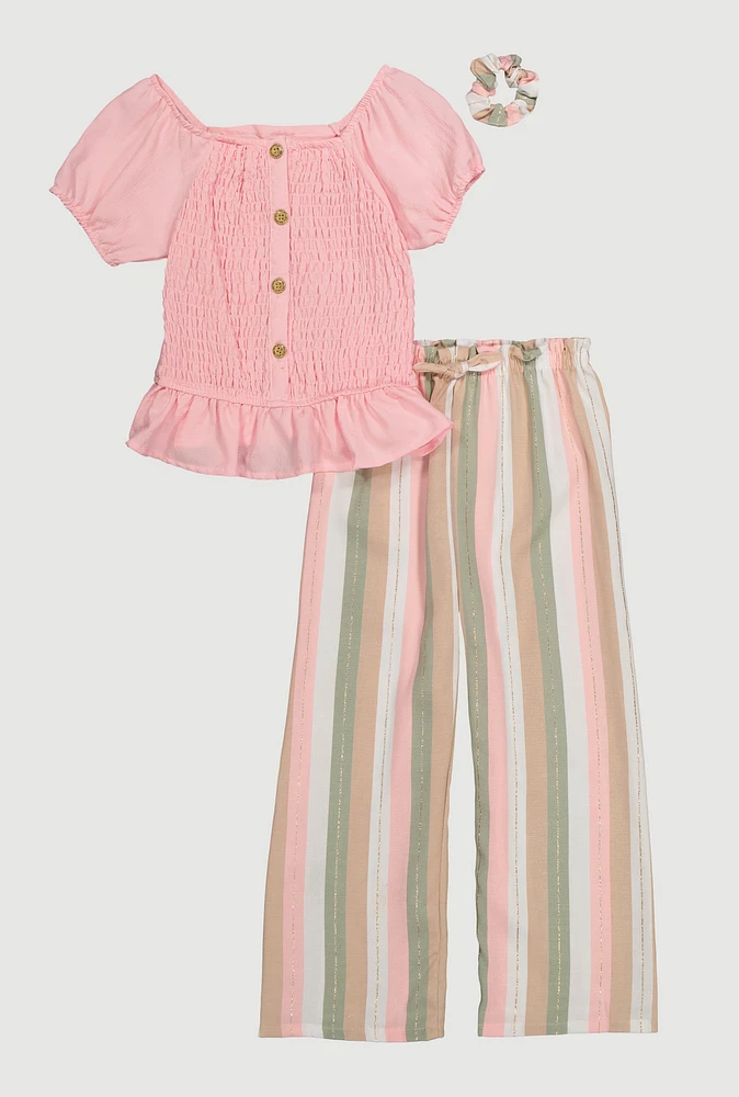 Girls Puff Sleeve Peasant Top and Striped Pants with Scrunchie, Multi,